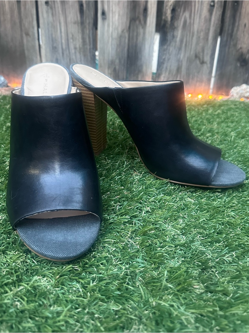 H by Halston Black Leather Open-Toe Block-Heel Mules